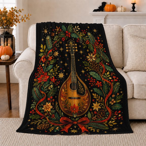 Printed Flannel Throw Blanket with Mandolin Framed by Festive Foliage and Ribbons
