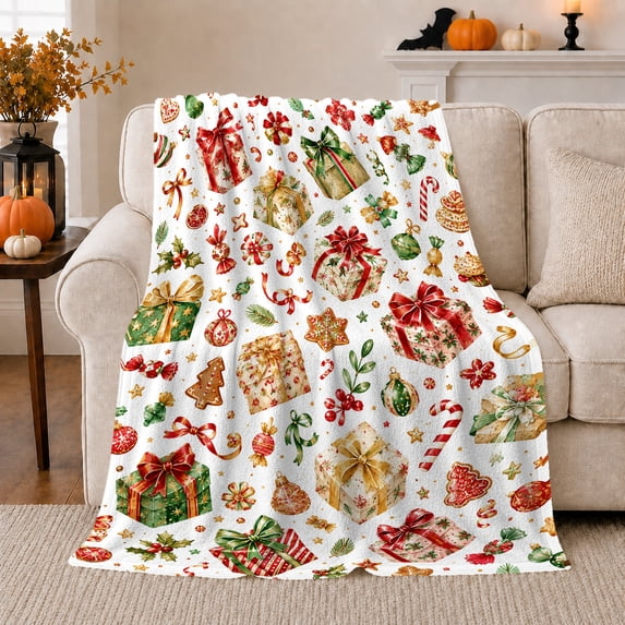 Printed Flannel Throw Blanket with Merry Christmas Presents