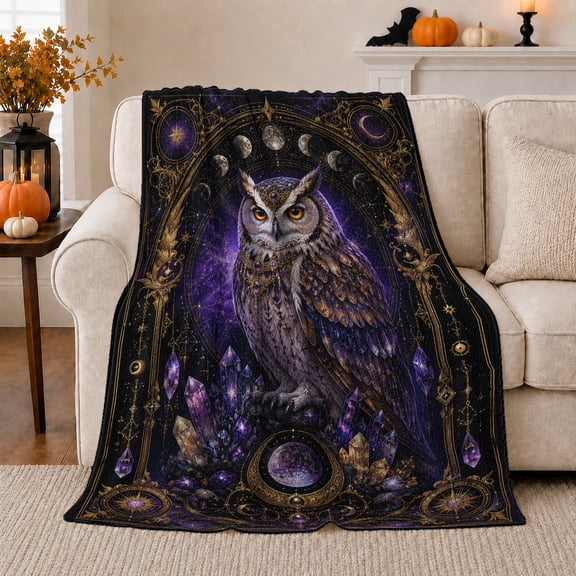Printed Flannel Throw Blanket with Mystical Celestial Owl Gemstone Crown Cosmic Fantasy Art