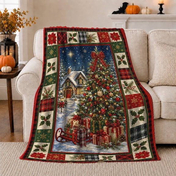 Printed Flannel Throw Blanket with Nostalgic Christmas Eve Cottage Ornamented Tree Scene