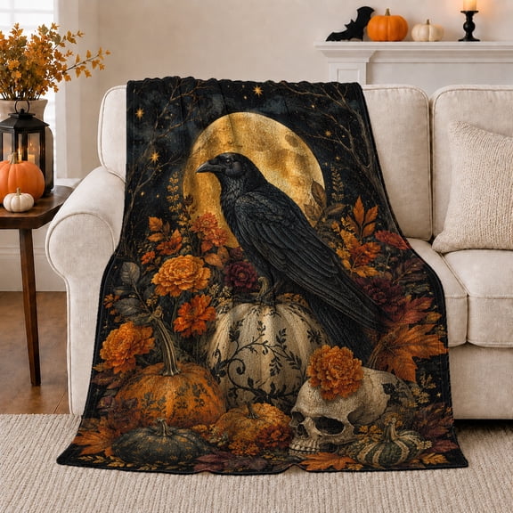 Printed Flannel Throw Blanket with Raven, Pumpkins, Skull and Golden Moon