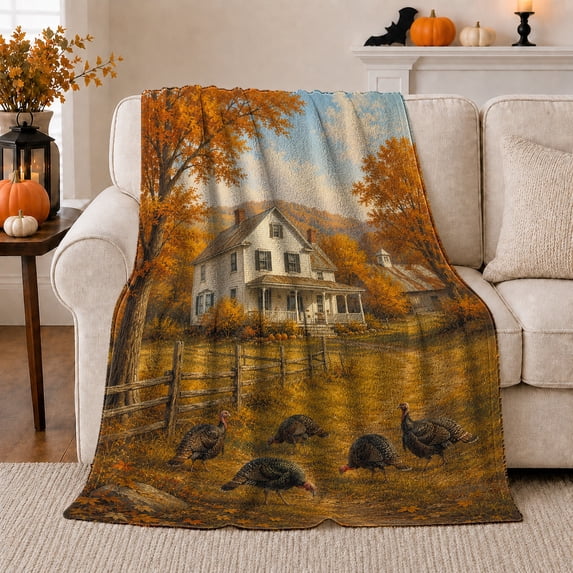 Printed Flannel Throw Blanket with Rustic Autumn Farmhouse Wild Turkeys