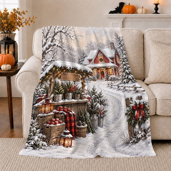 Printed Flannel Throw Blanket with Rustic Christmas Farmhouse Snowy Winter Village