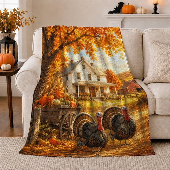 Printed Flannel Throw Blanket with Rustic Harvest Farmhouse Autumn Scene