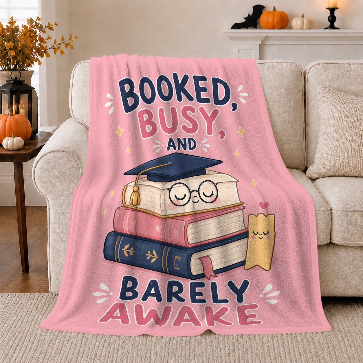 Fall Book Stack Bookmark Printed Flannel Throw Blanket with Sleepy Graduation Book Stack Pink ...