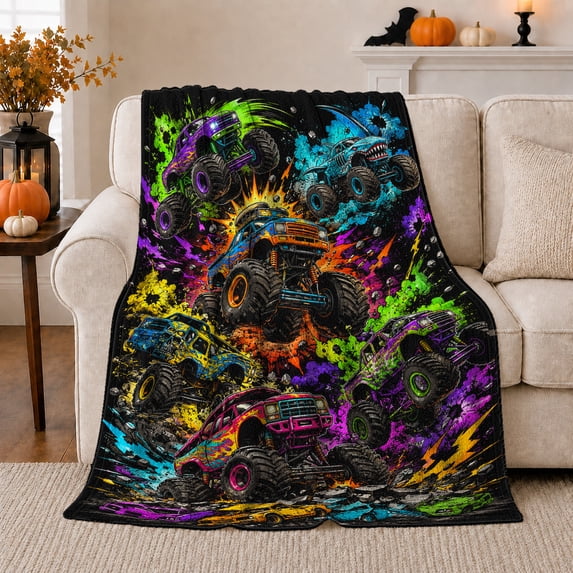 Printed Flannel Throw Blanket with Stylized Monster Truck Action Graffiti Scene