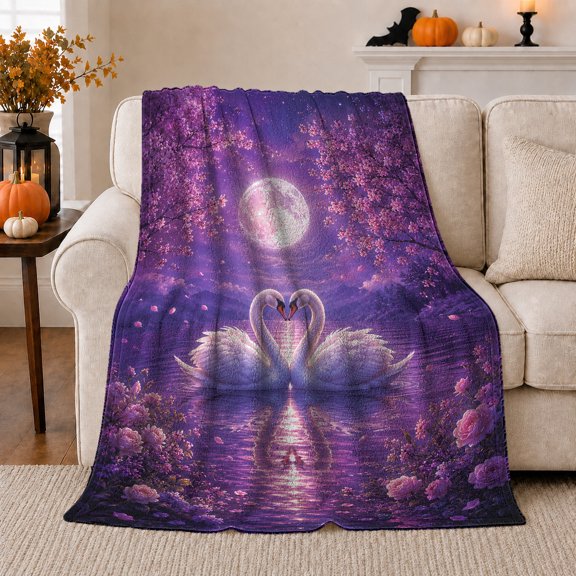 Printed Flannel Throw Blanket with Swans Forming a Heart on Moonlit Water