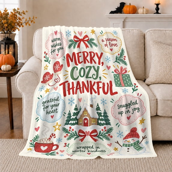 Printed Flannel Throw Blanket with Thankful Holiday Snowman Scene Mittens Box Christmas Present