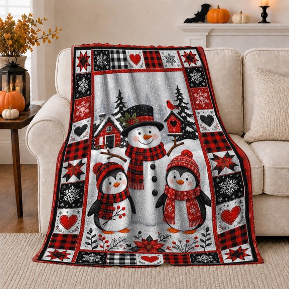 Printed Flannel Throw Blanket with Whimsical Snowman Winter Wonderland Scene Penguins Red Cabin