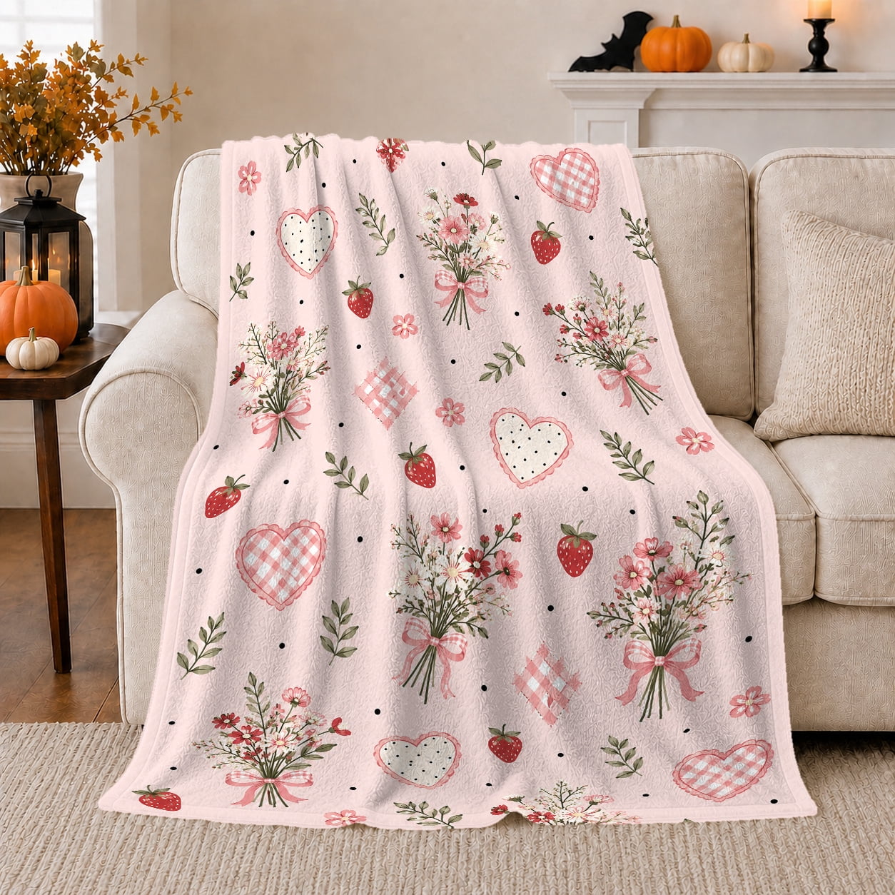Printed Flannel Throw Blanket with Whimsical Strawberry Heart Pattern ...