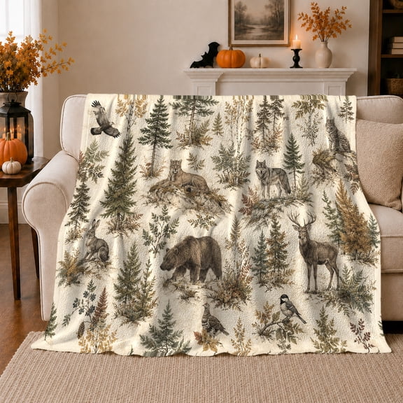 Printed Flannel Throw Blanket with Woodland Wildlife Bear Elk Wolf Forest Scene