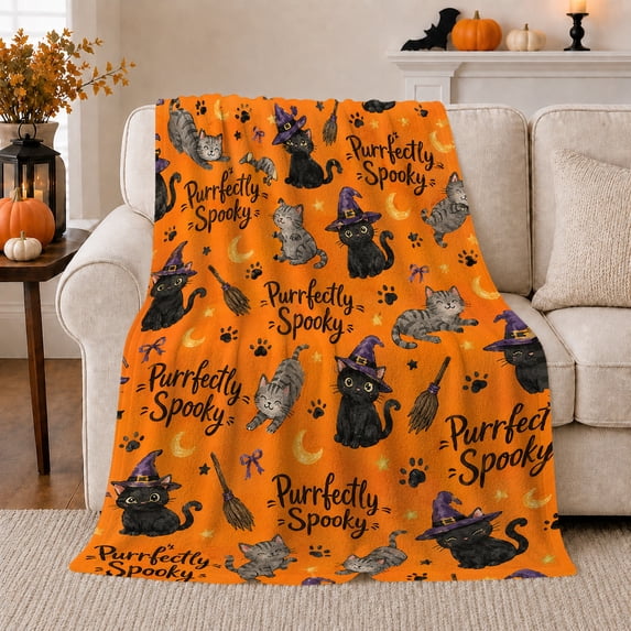 Printed Flannel Throw Blanket with pointed-hat character Cats And Tabby Cats With Brooms