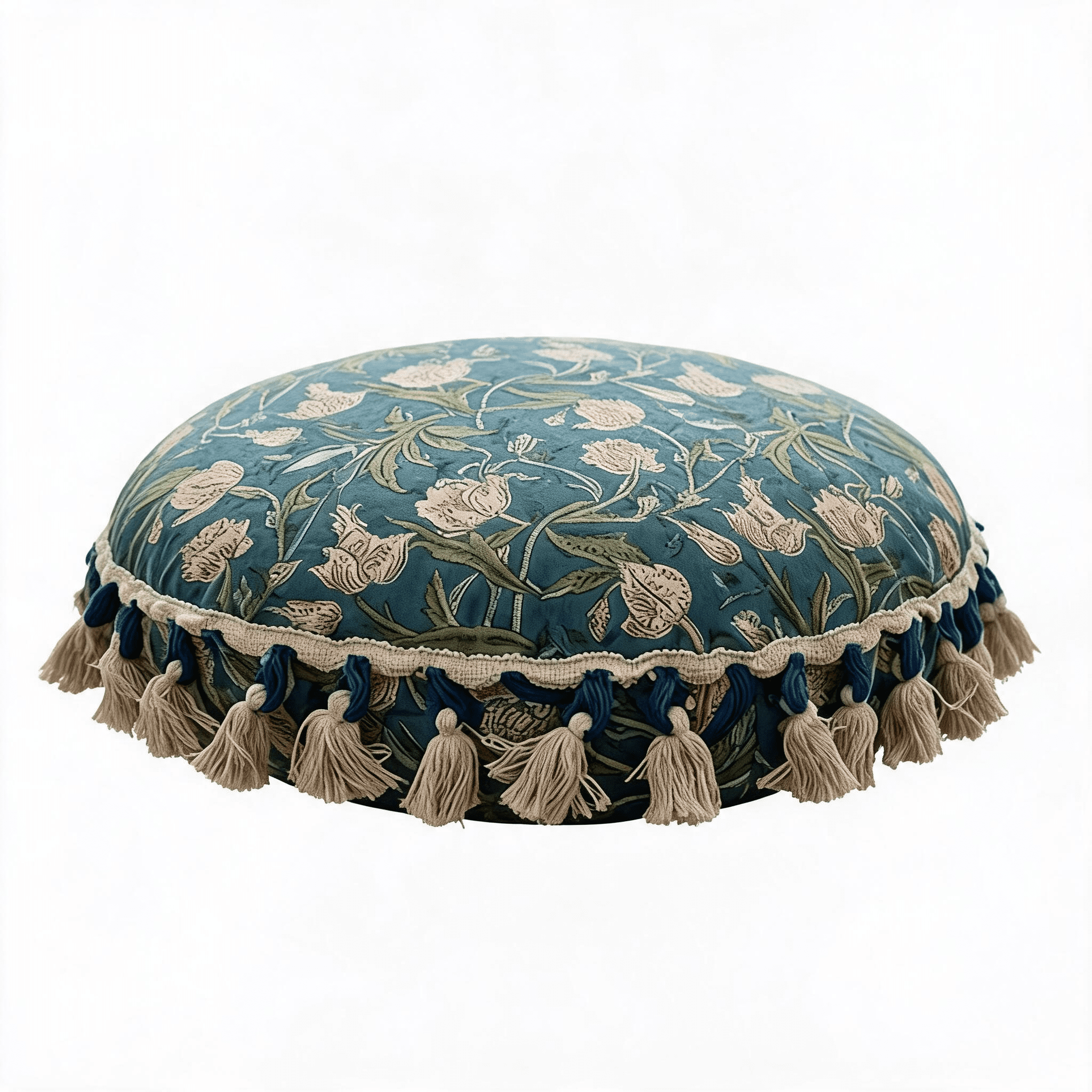 Printed Floor Cushion with Tassels 20x20x3.5 Inch Bohemian Floral Cotton for Living Room Meditation