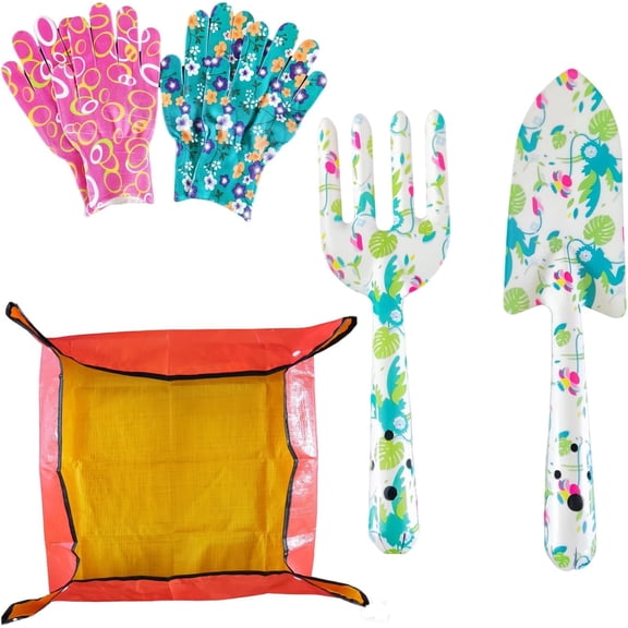 Printed Floral Garden Tool Set,Aluminum Garden Tools Set, Heavy Duty Gardening Tool Kits,4 Pcs Gardening Tools with Trowel, Rake, Garden Gloves&Repotting Mat,Ideal Gift for Women