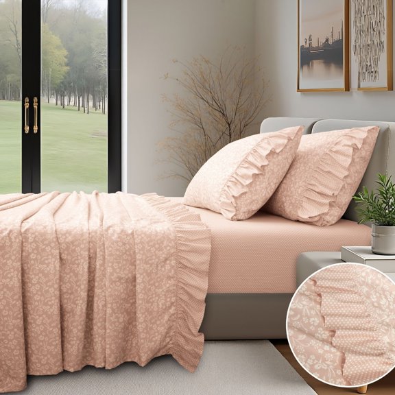 Pyxie Home Shabby Chic 3-Piece Pink Floral and Polka Dot Sheet Sets, Twin