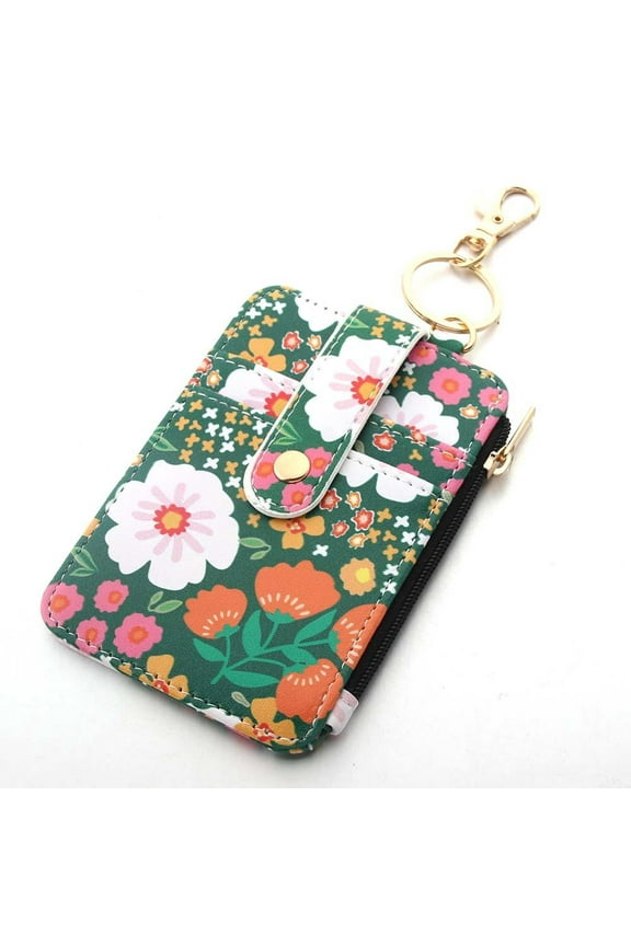 Printed Folded Vertical Bag Zipper Coin Purse Keychain Wallet Floral Leather ID Card Bag For Women