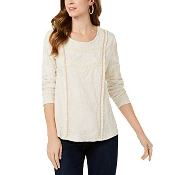 Printed Fringe-Detail Top Warm Ivory L