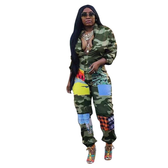 Printed Front Zipper Patchwork Jumpsuit (ArmyGreen, L)