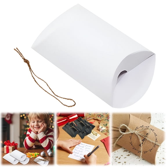 Printed Gift Wrapping Paper,Christmas Hot ! Paper Pillow Candy Box Foldable Box With Jute Rope For Weddings Parties Birthdays Holidays Small For Men，Printed Paper Pillow Candy Boxes,White,4.5x2.8"