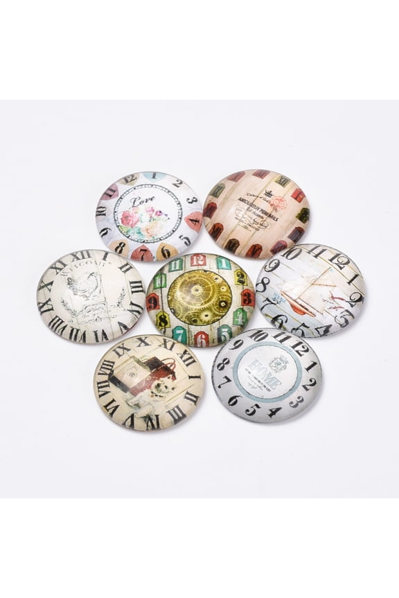 Printed Glass Flat Back Cabochons Dome/Half Round Clock Pattern Mixed Color 25x6mm