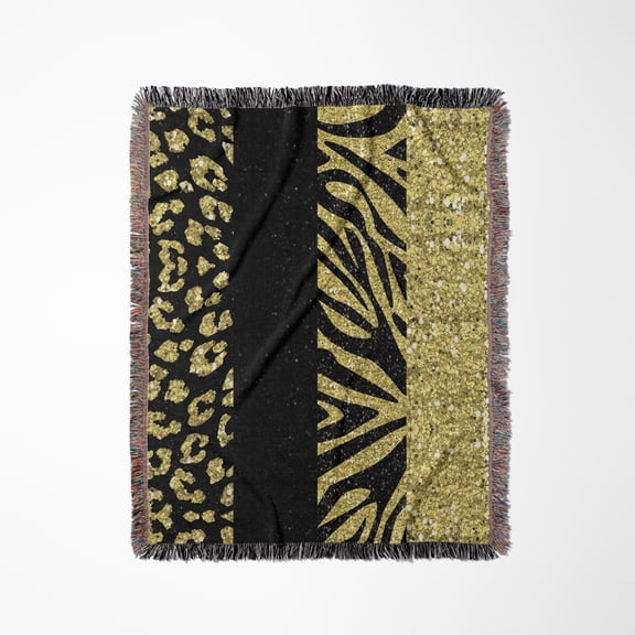Printed Glitter Effect Gold And Black Animal Print - Leopard And Zebra, Woven Blanket