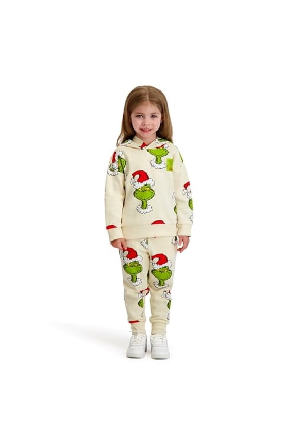 Printed Grinch Hooded Sweatshirt and Jogger Set, Beige, 2T