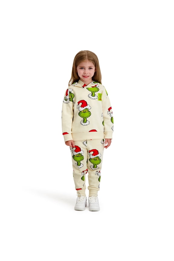 Printed Grinch Hooded Sweatshirt and Jogger Set, Beige, 4T
