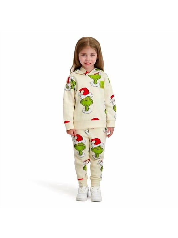 Printed Grinch Hooded Sweatshirt and Jogger Set, Beige, 3T