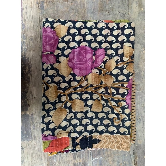 Printed Gudari Quilted Throw Bedspread Kantha Work Winter Mat Counterpane stitch