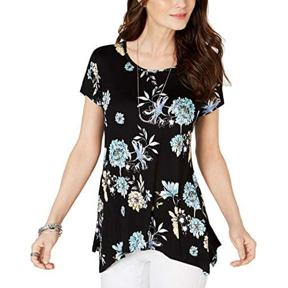 Printed Handkerchief-Hem Top Black Bright Bloom XS