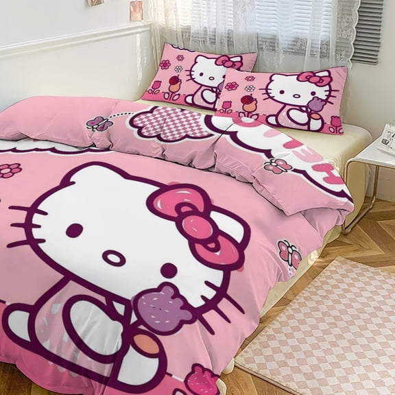 Printed Hello Kitty Cartoon Duvet Cover 3D Bedding Sets for Kids with 3 Pieces 1 Duvet Cover 2 Pillowcases, King