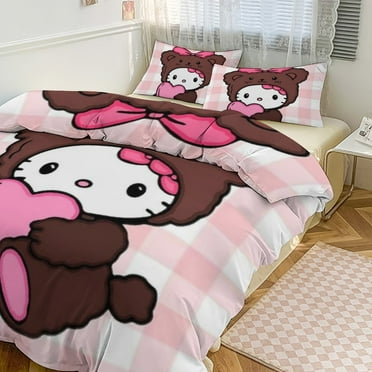 Printed Hello Kitty Cartoon Duvet Cover 3D Bedding Sets for Kids with 3 Pieces 1 Duvet Cover 2 Pillowcases, Queen