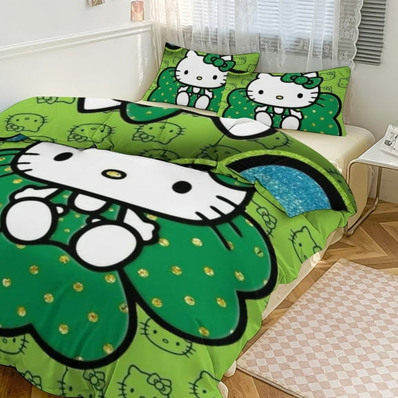 Printed Hello Kitty Cartoon Duvet Cover 3D Bedding Sets for Kids with 3 Pieces 1 Duvet Cover 2 Pillowcases, Twin