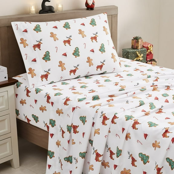 Printed Holiday 4pc Sheet Sets, Easy Care, Soft & Wrinkle-Resistant Bedding, Holiday Cookies - King Bed Size