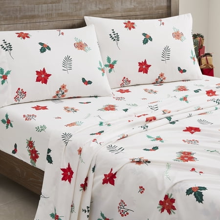 Printed Holiday 4pc Sheet Sets, Easy Care, Soft & Wrinkle-Resistant Bedding, Poinsettia - Full Bed Size