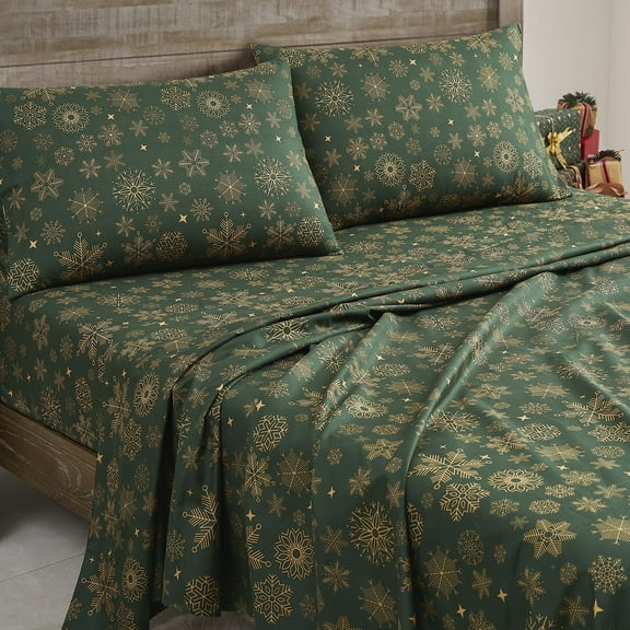 Printed Holiday 4pc Sheet Sets, Easy Care, Soft & Wrinkle-Resistant Bedding, Snowflakes - Queen Bed Size