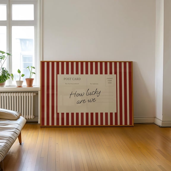 Printed How Lucky Are We Postcard Poster Red Striped Modern Minimalistic Positive Quote Print Trendy Wall Art