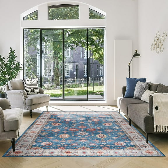 Printed Indoor Boho Area Rug - Non Slip, Ultra Thin, Super Strong, Tufted Rug - Home Décor For Entryway, Bedroom, Living Room - Standard, Cullen Blue/Tan
