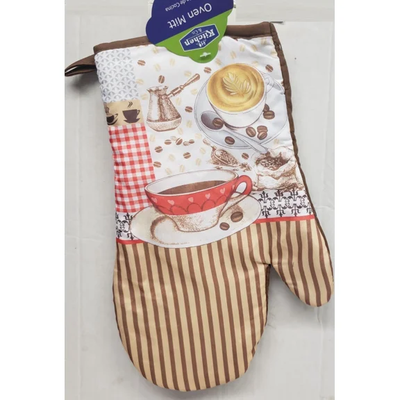Printed Kitchen Large Oven Mitt (12") 2 Coffee Cups & Coffee Grinder, Brown, K&C