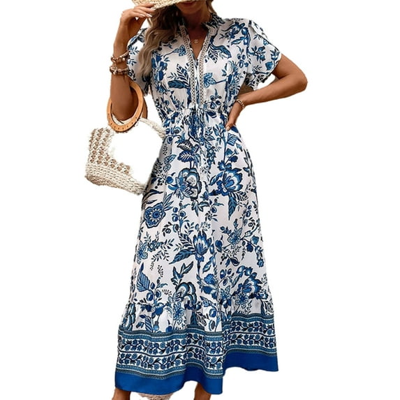Printed Lace Design V Neck Trendy Short Sleeves Drawstring Waist Dress