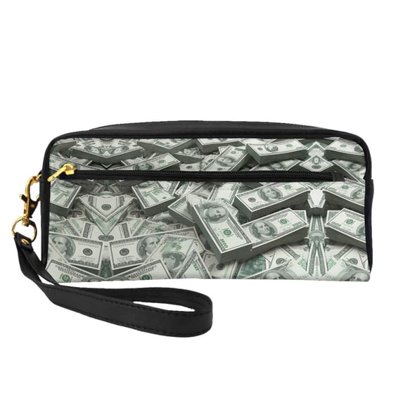 Printed Leather Makeup Bag Dollar Money Double-Sided Pattern Travel Toiletry Pouch Portable Zipper Organizer Bag