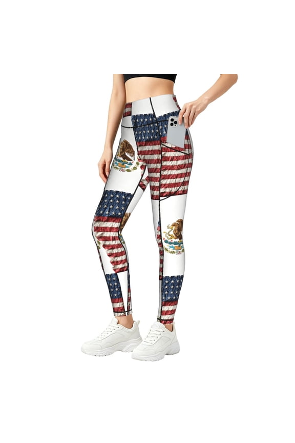 Printed Leggings with Pockets Women America Mexican Flag Art High Waisted Yoga Pants Workout Leggings Small