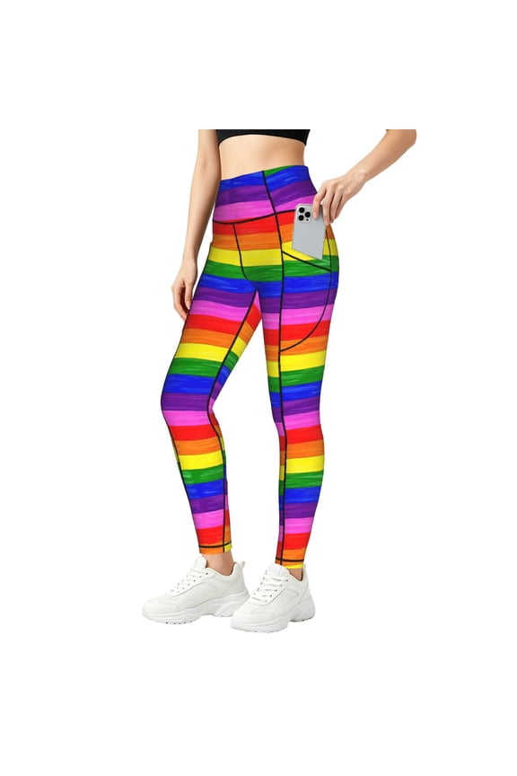 Printed Leggings with Pockets Women Pride Rainbow Pattern High Waisted Yoga Pants Workout Leggings Small