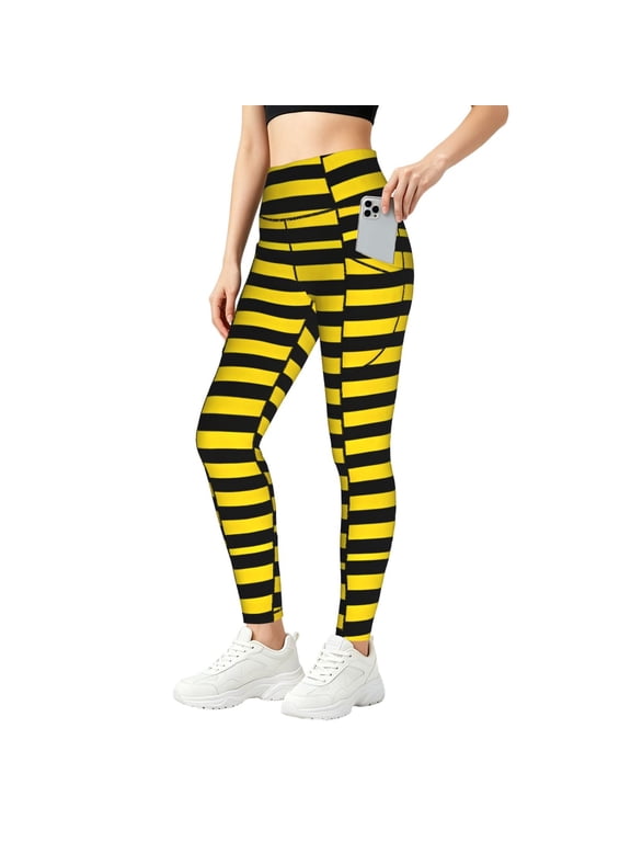 Printed Leggings with Pockets Women Yellow-Black-Bee-Stripes High Waisted Yoga Pants Workout Leggings Small