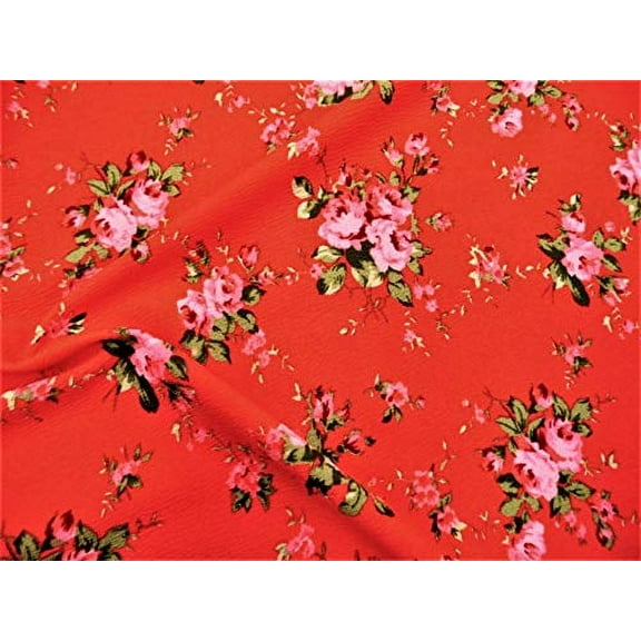 Printed Liverpool Textured Fabric 4 Way Stretch Red Pink Green Floral I600