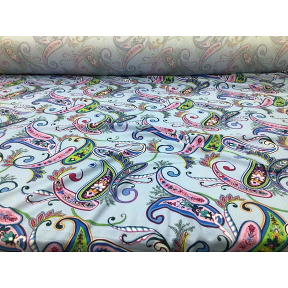 Printed Liverpool Textured Fabric Stretch Blue Pink Green Paisley Floral 1N13