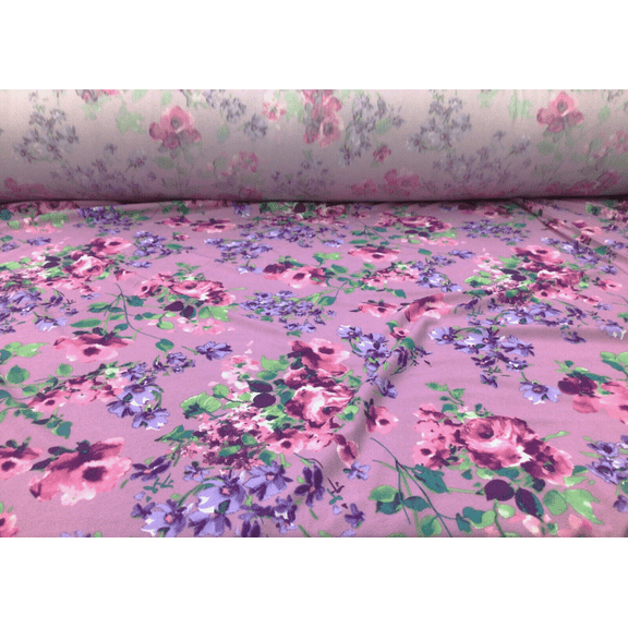 Printed Liverpool Textured Fabric Stretch Lavender Purple Pink Green Floral 1N12