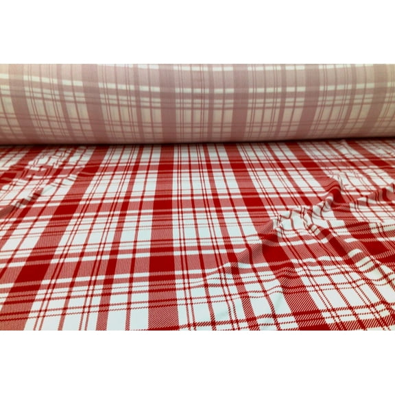 Printed Liverpool Textured Fabric Stretch Red White Plaid 1N24