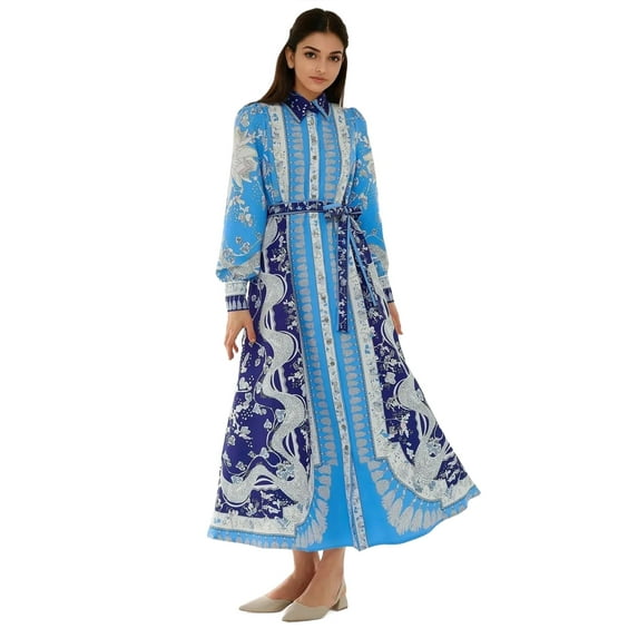 Printed Long Sleev Maxi Dress with Belt