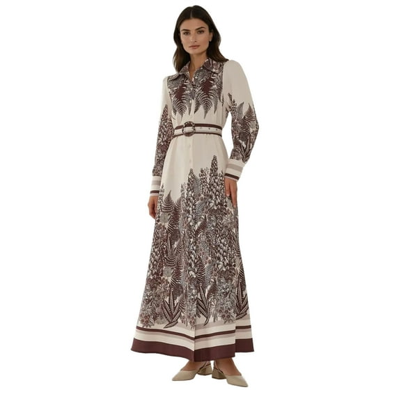 Printed Long Sleeve Maxi Dress with Belt